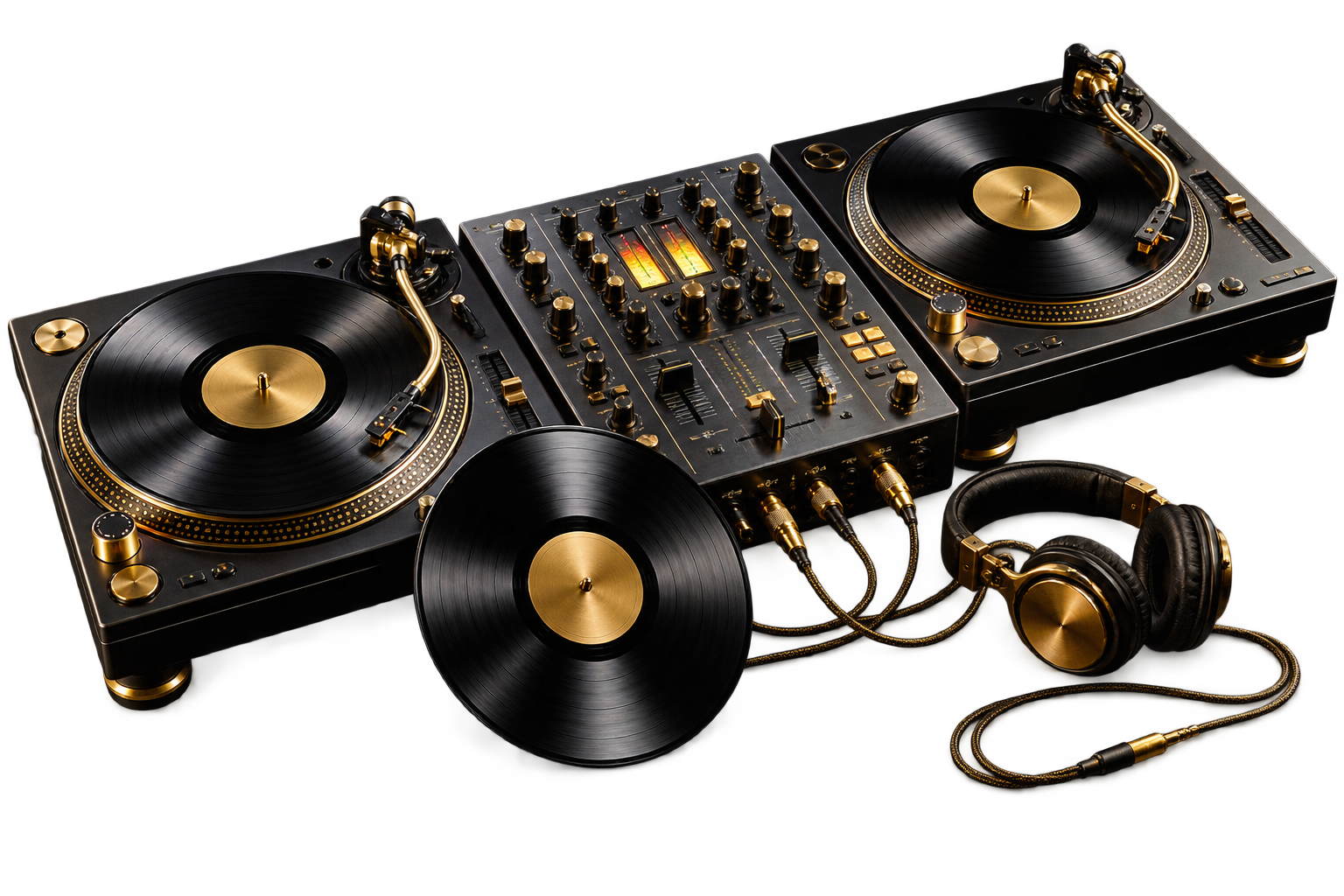 Black and gold vinyl turntables and DJ mixer
